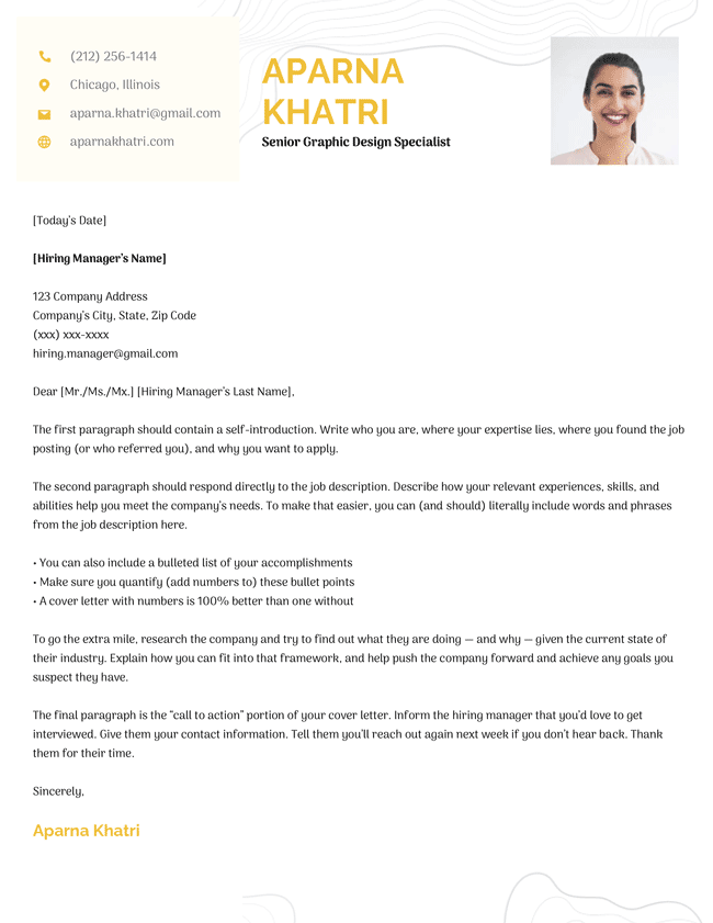 Pastel Creative Cover Letter Template with light yellow and black, featuring a headshot.