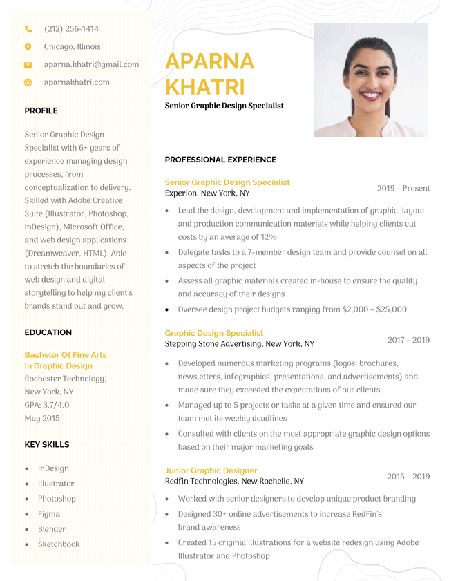 Pastel Creative Resume Template, light yellow, black, and white colors used, with headshot