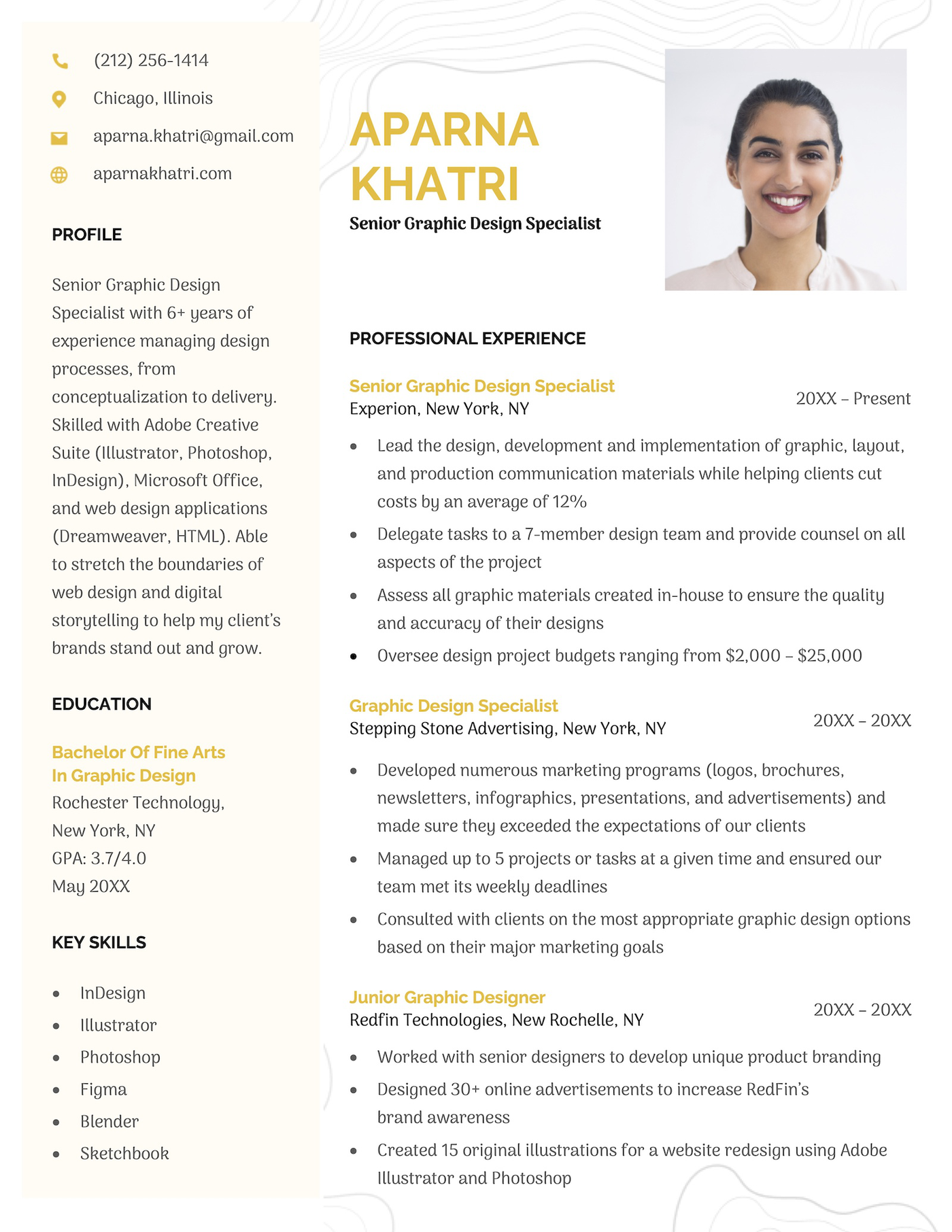 A visual resume example with subtle background graphics.