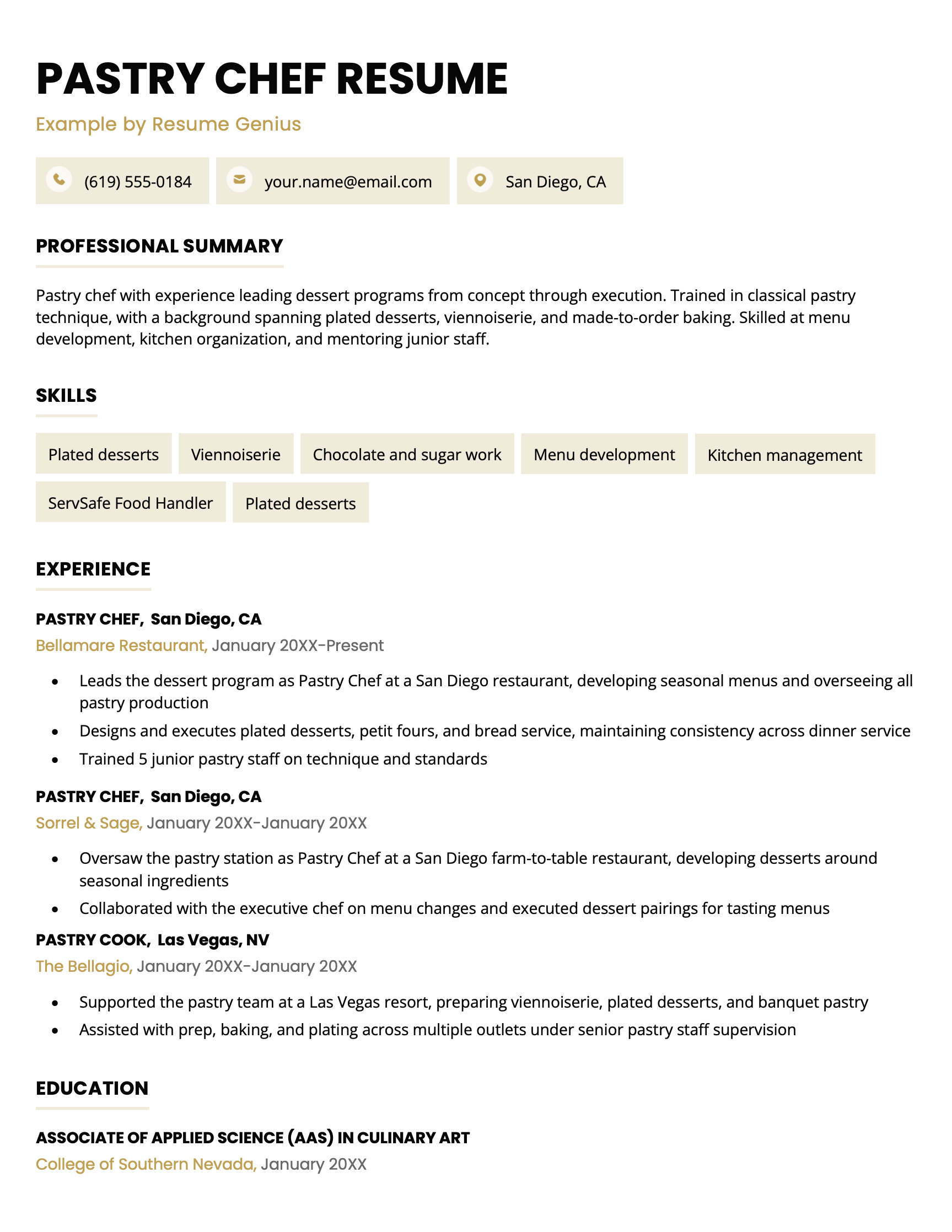 An example pastry chef resume with relevant roles and a culinary arts degree