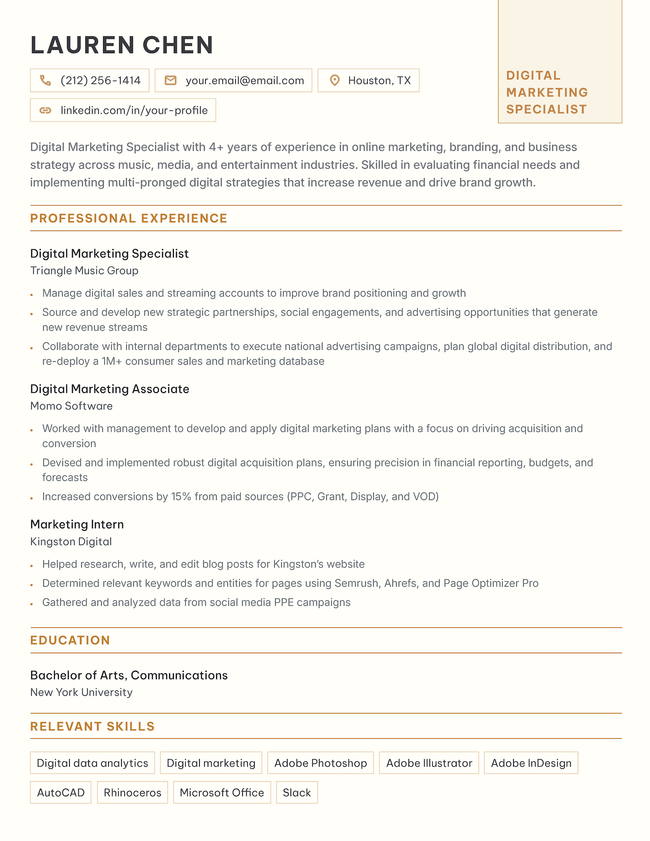 The Path chronological resume template in orange.