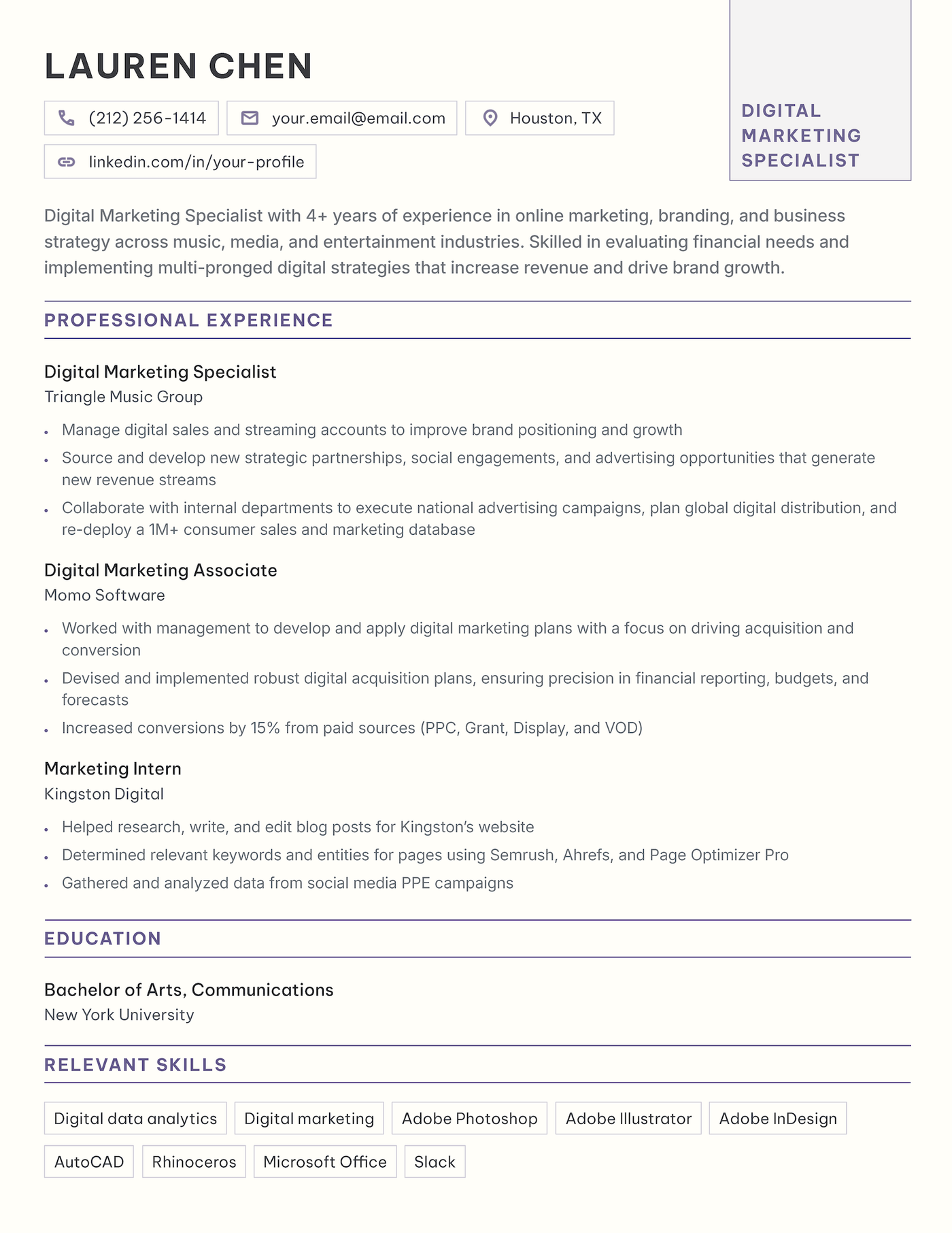 The Path chronological resume template in purple.