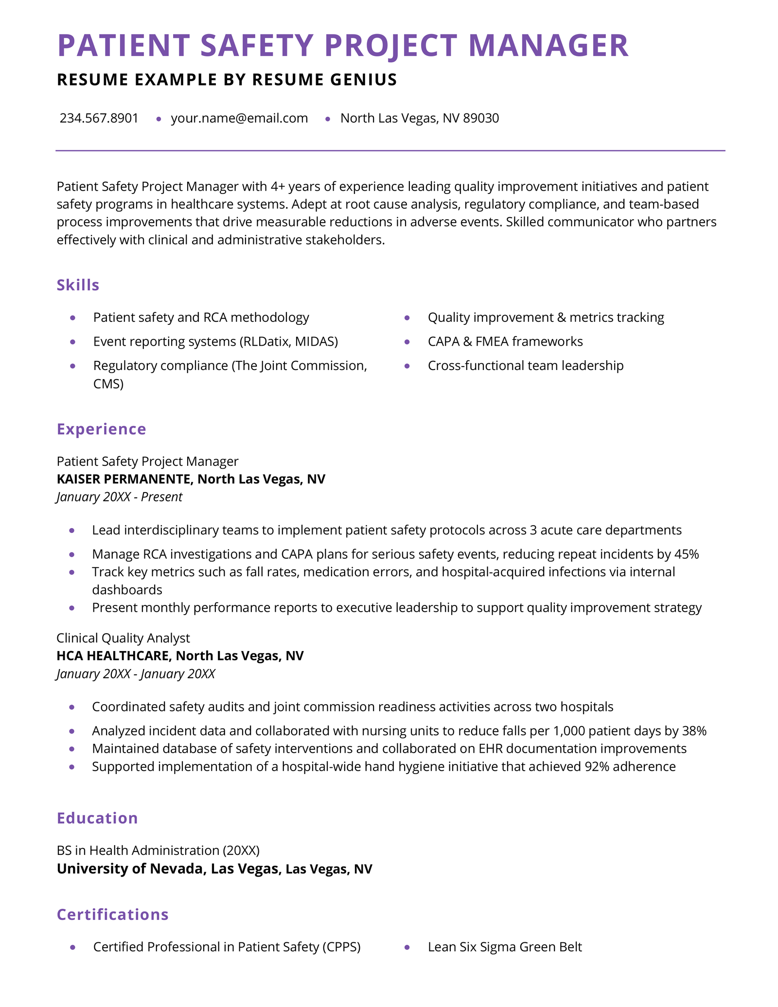 A patient safety project manager resume example.