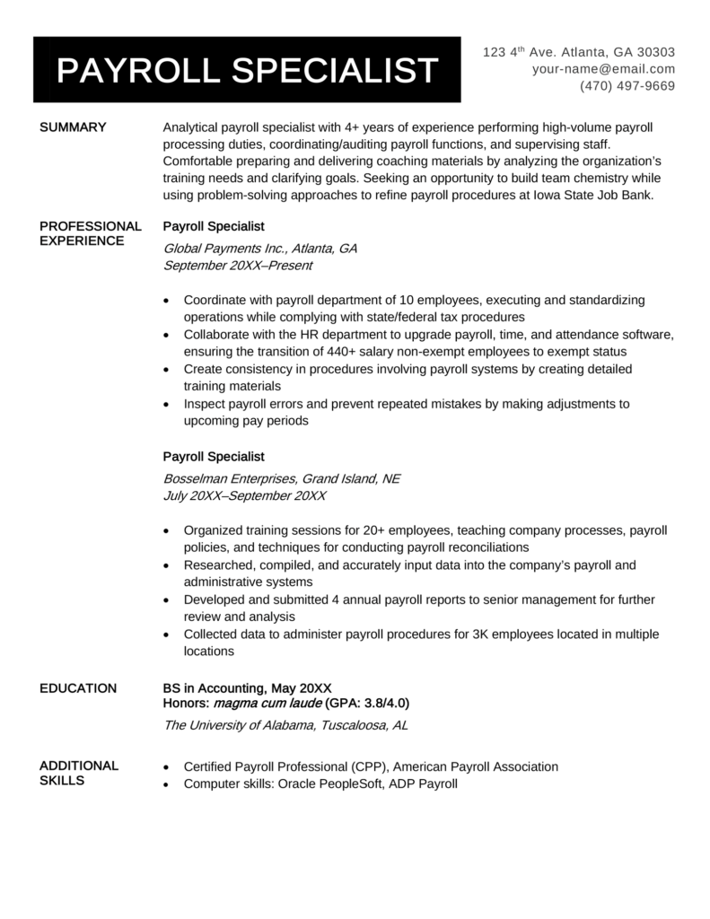 payroll resume headline examples