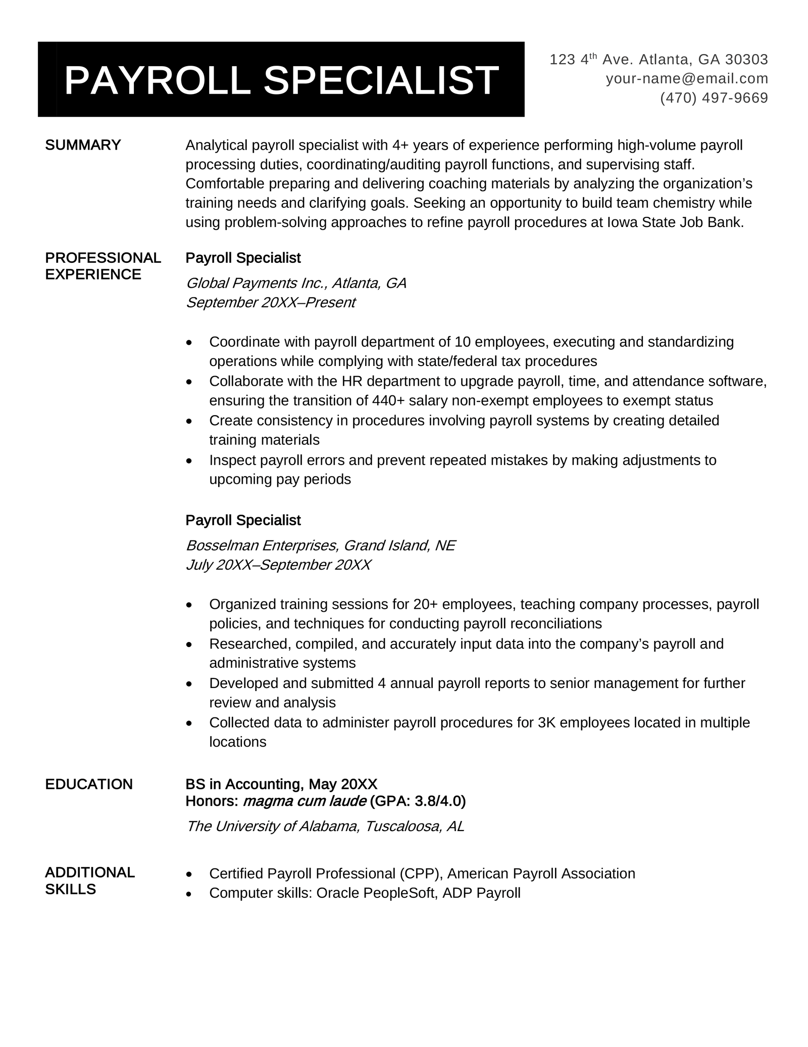 A payroll specialist resume example with a black header, a summary, as well as professional experience, education and additional skills sections