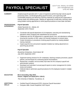 A payroll specialist resume example with a black header, a summary, as well as professional experience, education and additional skills sections