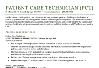 A PCT (patient care technician) resume sample with green header text and sections for the applicant's resume summary, professional experience, education and certification, and additional skills