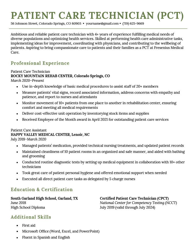 A PCT (patient care technician) resume sample with green header text and sections for the applicant's resume summary, professional experience, education and certification, and additional skills