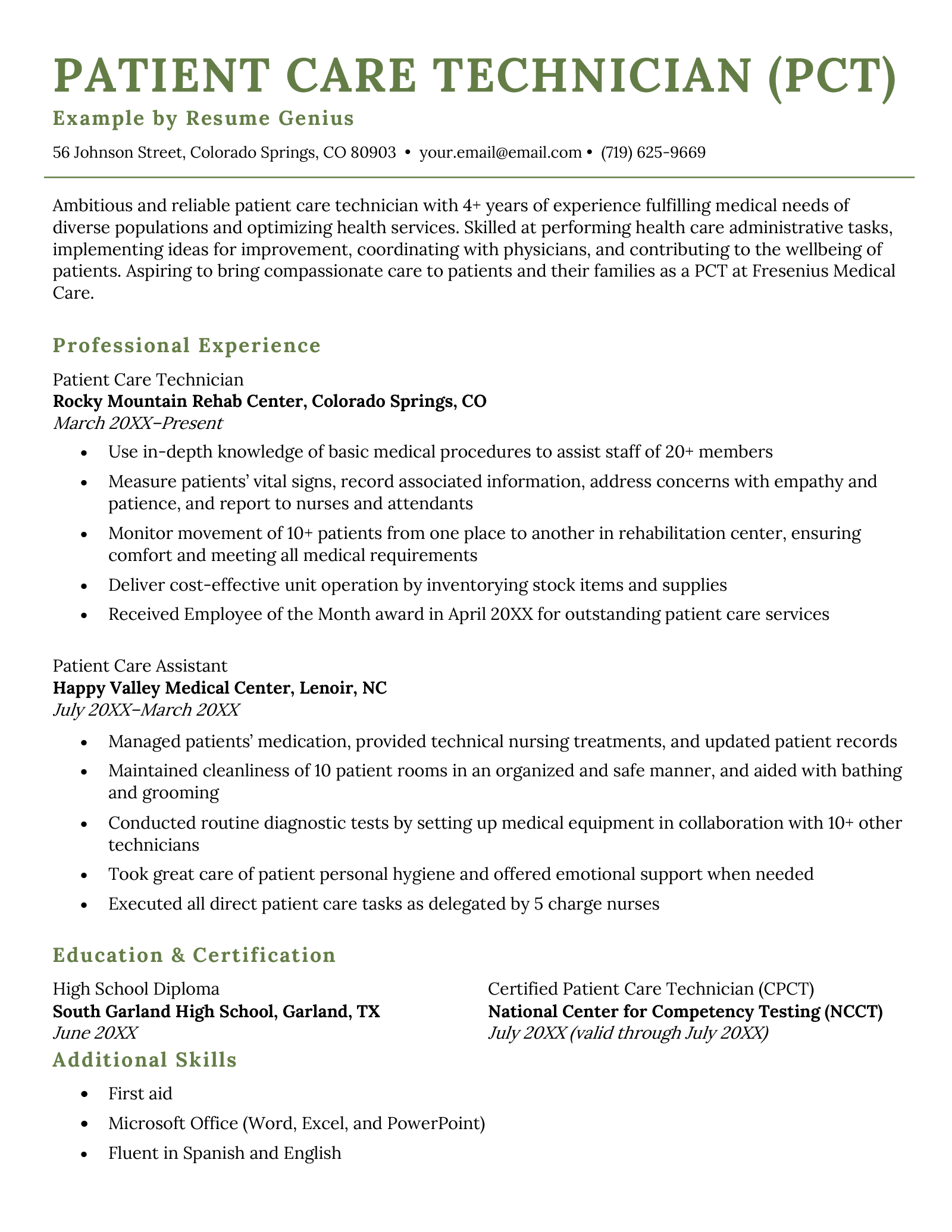 Pct Patient Care Technician Resume Sample 