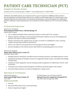 A PCT (patient care technician) resume sample with green header text and sections for the applicant's resume summary, professional experience, education and certification, and additional skills
