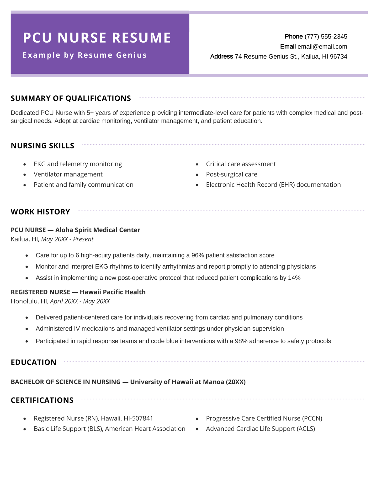 A progressive care unit (PCU) nurse resume example.