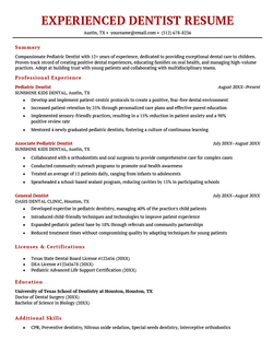 An experienced dentist resume example using a red template.