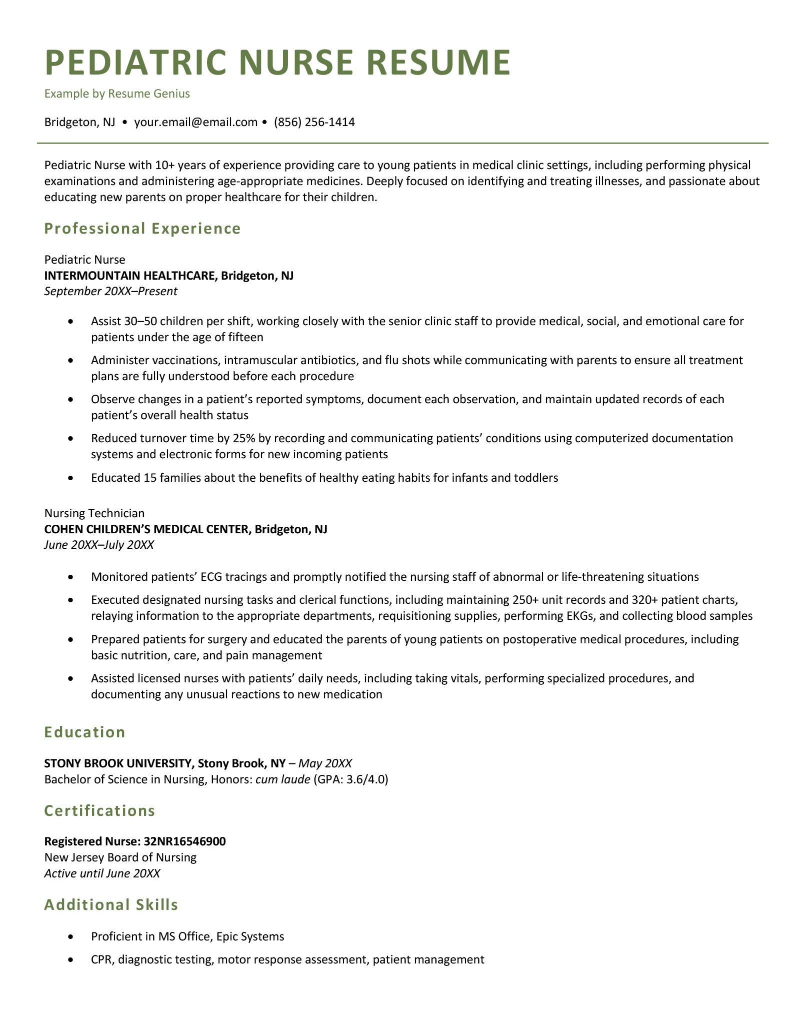 A pediatric nurse resume example with a green header text highlighting sections for the applicant's resume summary, work experience, education, certifications, and skills.