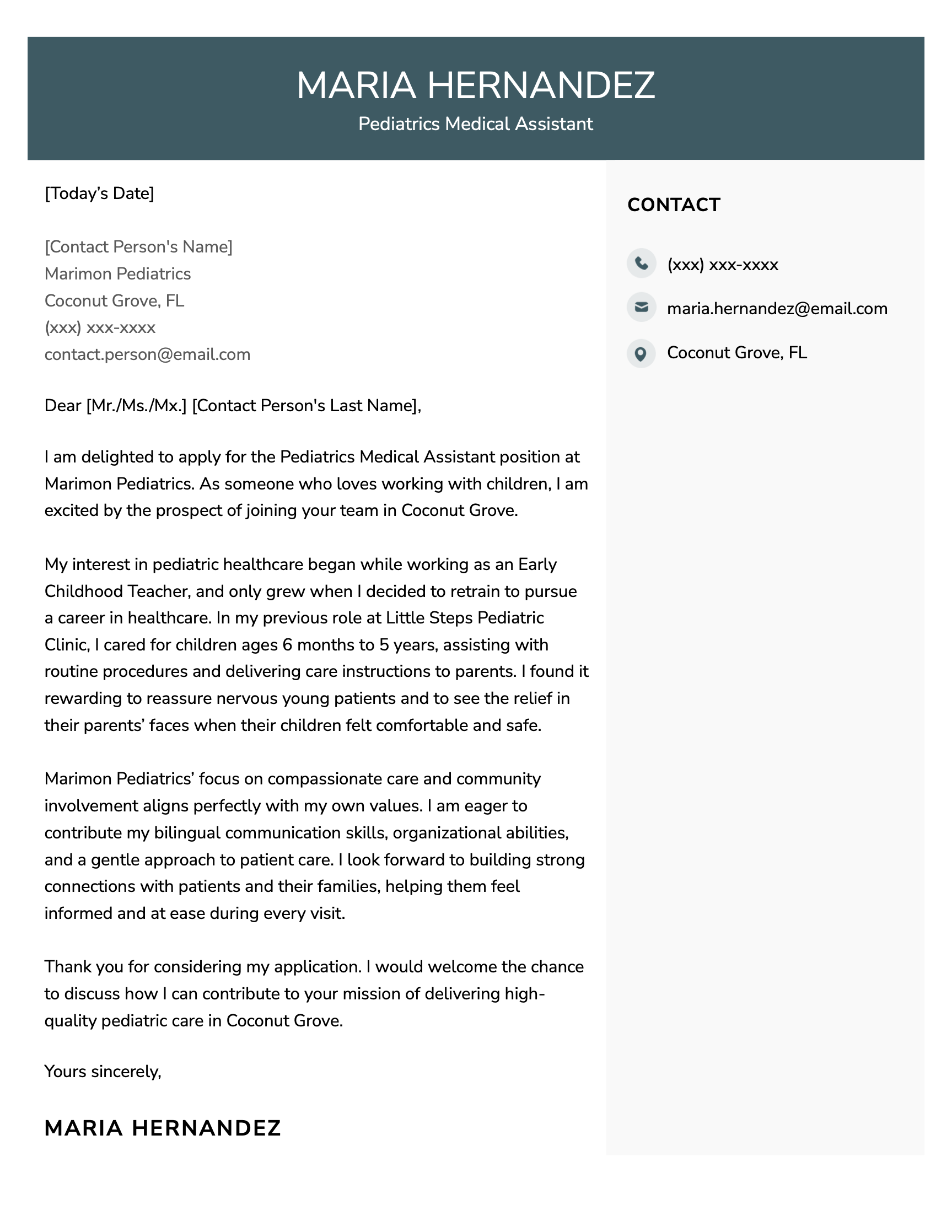 An example medical assistant cover letter for a pediatrics position.