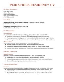 The first page of a pediatrics residency CV