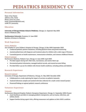 The first page of a pediatrics residency CV