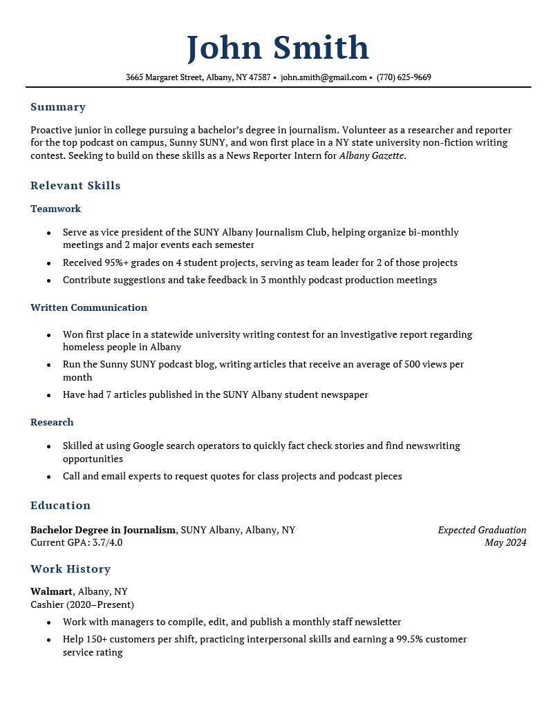 An example of a perfect resume for a college student.