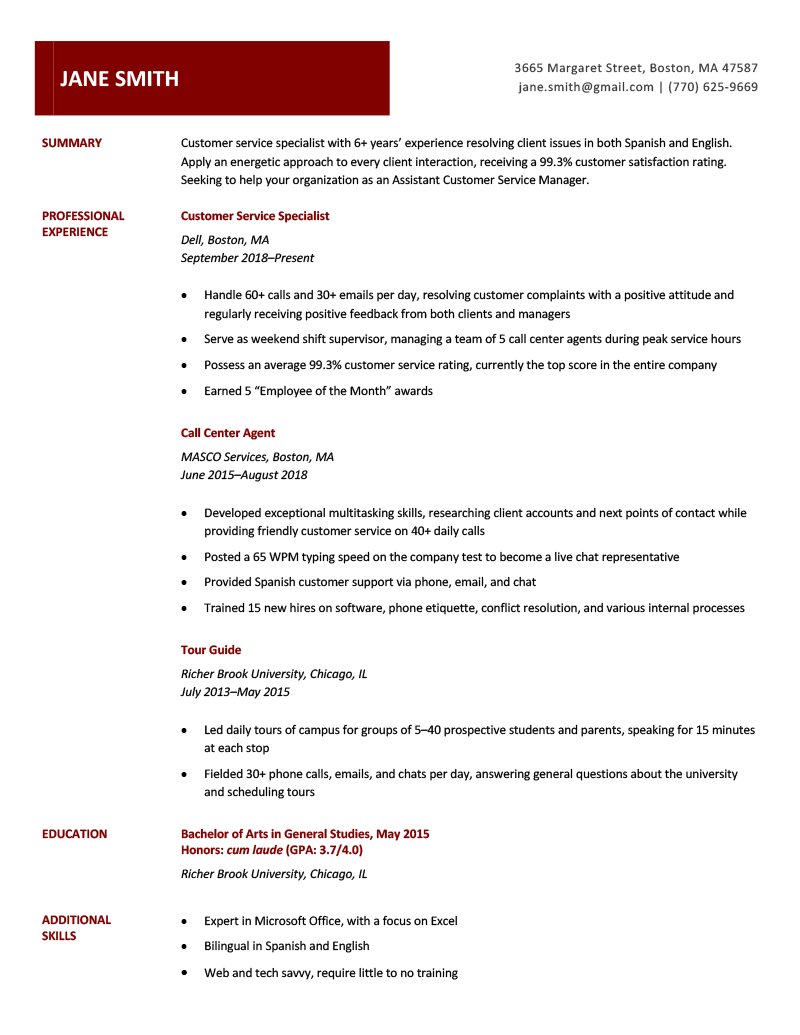 An image of a perfect resume for a customer service position.