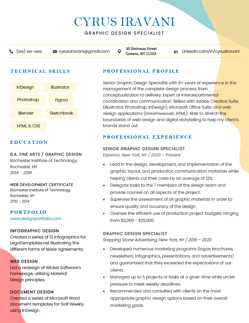 A perfect example of a resume for a senior level graphic design position