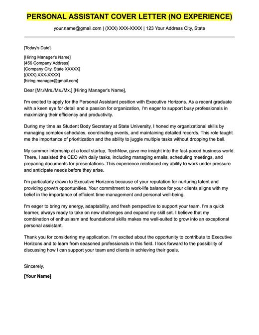 An example cover letter for an entry-level personal assistant position.
