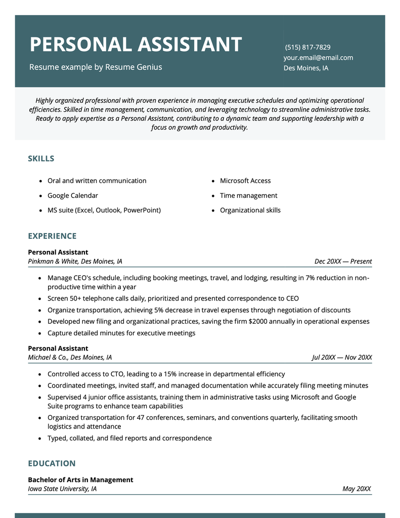 An example of a personal assistant resume.