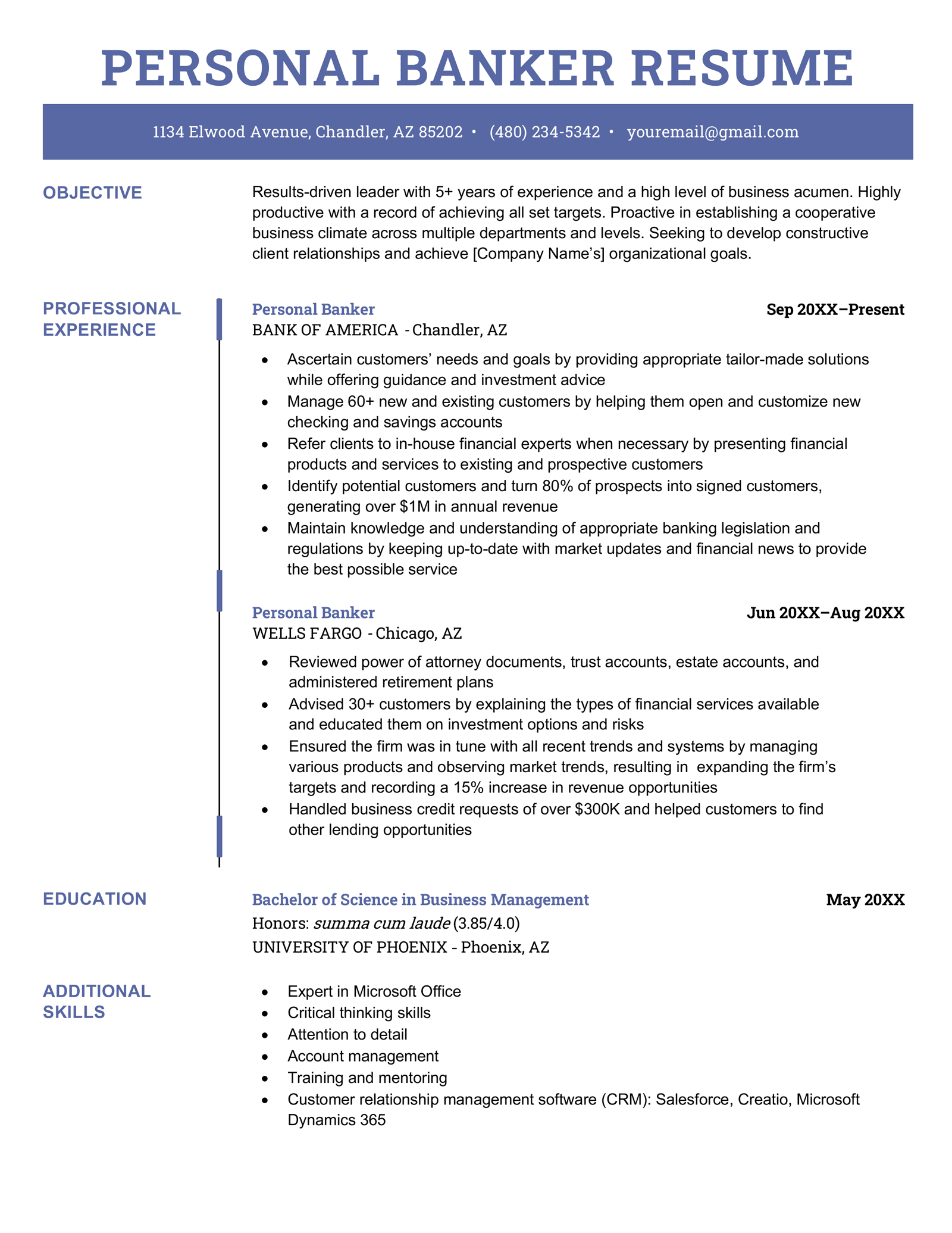 An example of a personal banker resume on a template with a blue contact header and a resume objective at the top of the resume, followed by professional experience, education, and an additional skills section