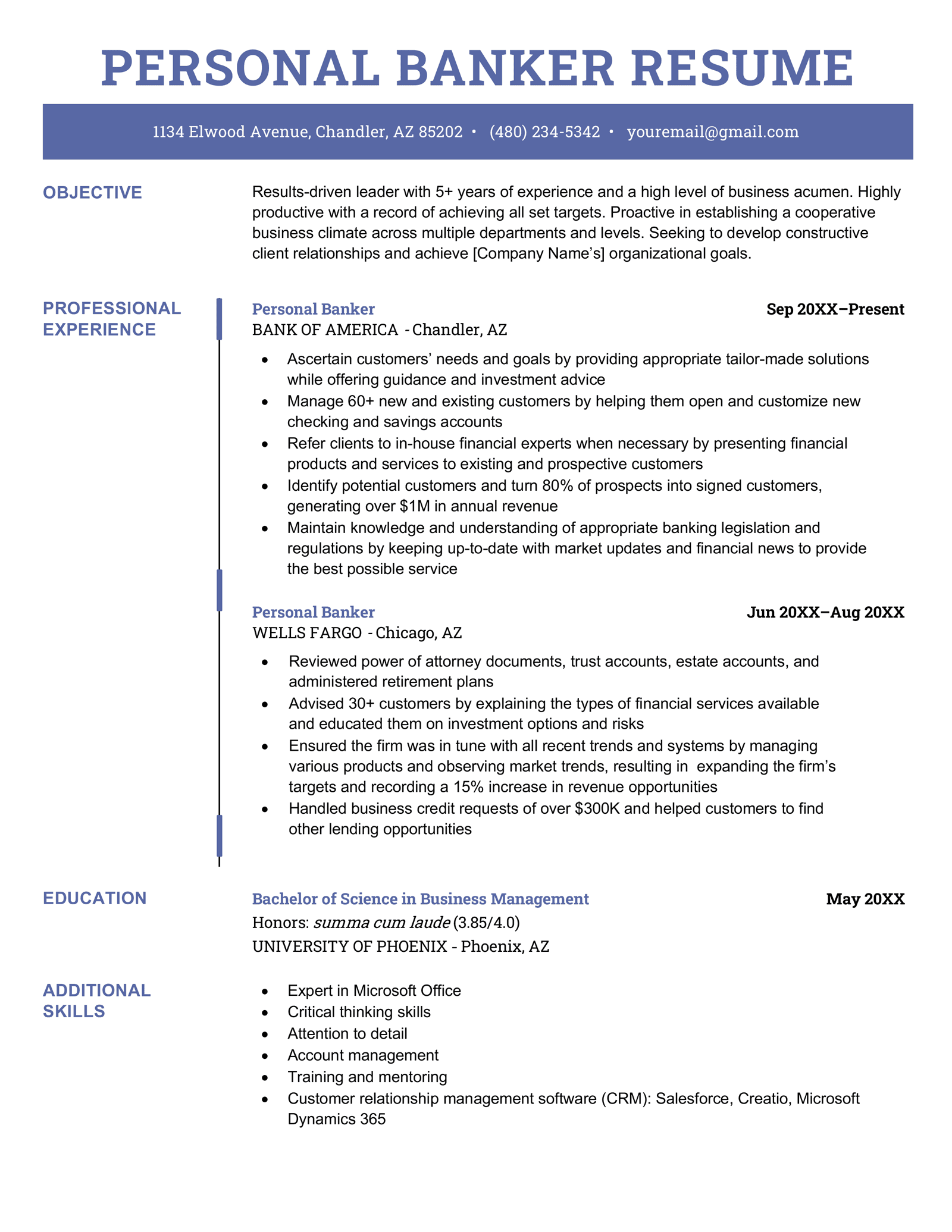 Banking Resume Objective Statement   Personal Banker Resume Sample 