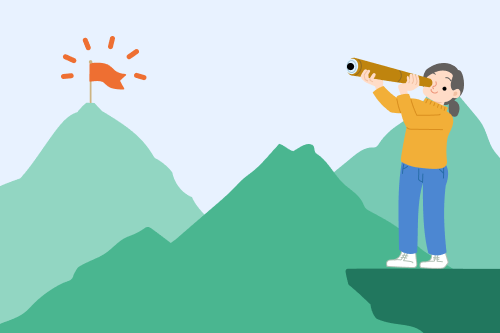 A girl standing at a distance from a mountain range using a telescope to see the summit where she's going