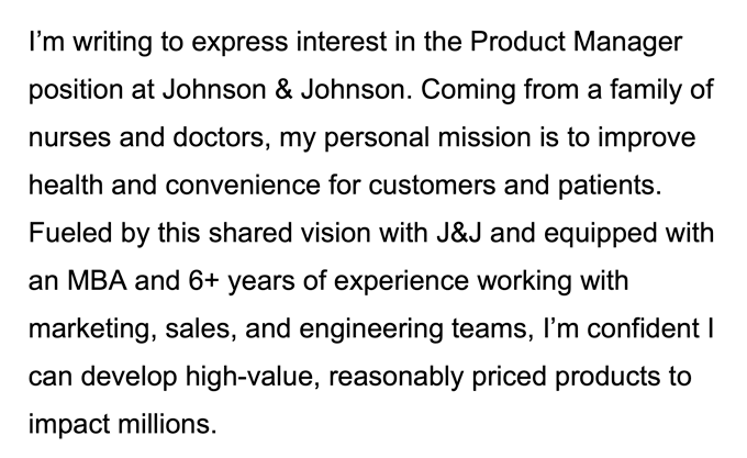 The first paragraph of a cover letter written for a product manager position at Johnson & Johnson