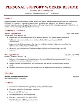 An example personal support worker (PSW) resume.