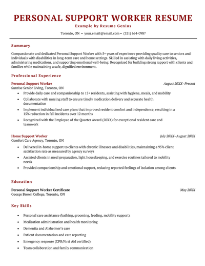 An example personal support worker (PSW) resume.