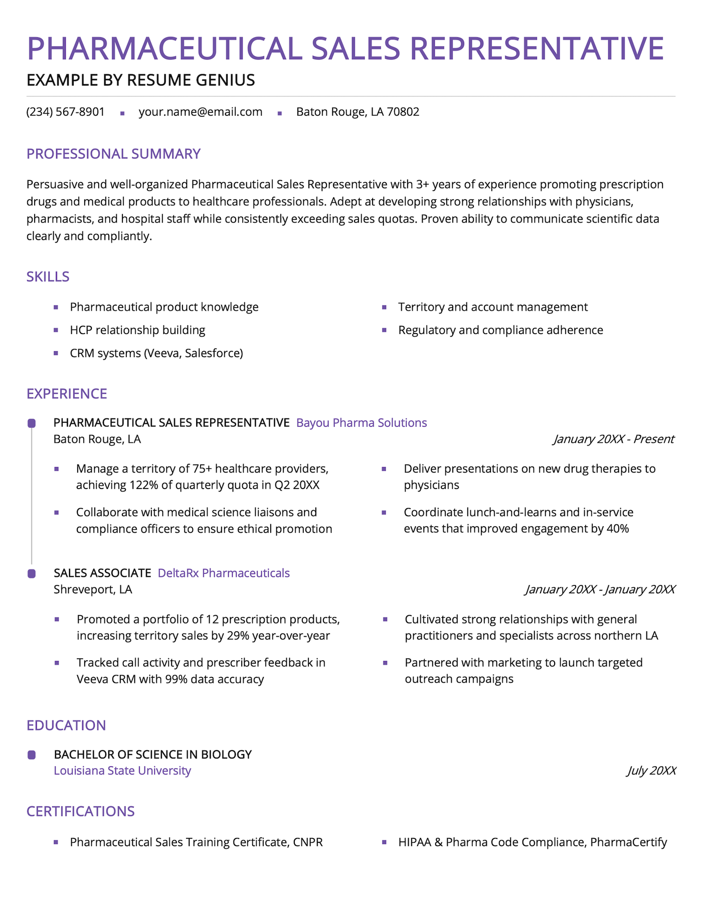 A pharmaceutical resume sales representative resume example.