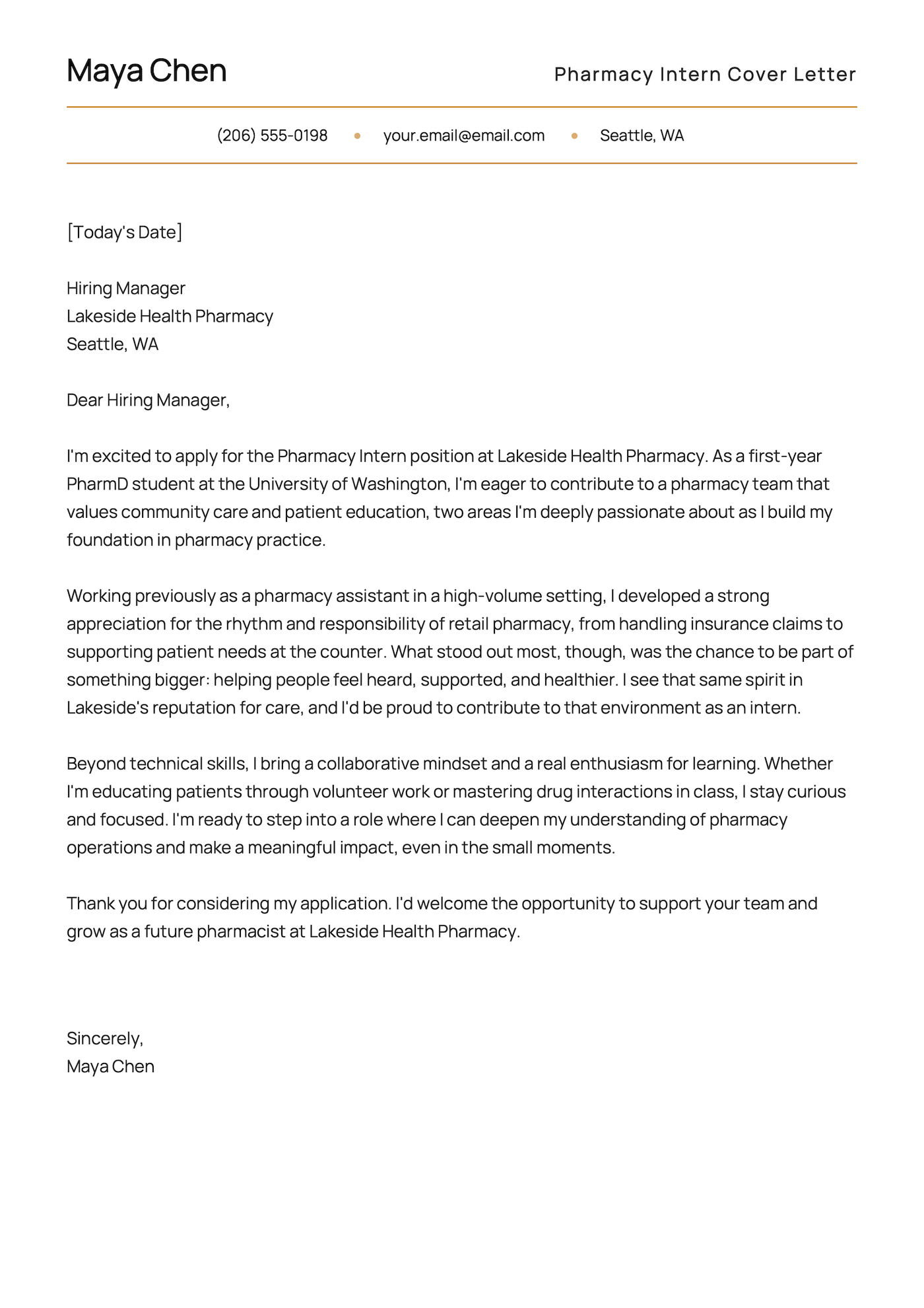 A cover letter example for a pharmacy internship.