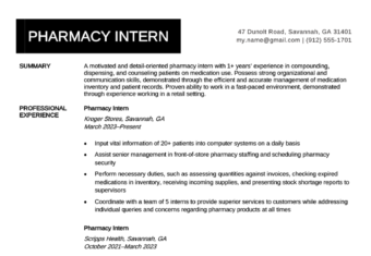 A pharmacy intern resume sample.