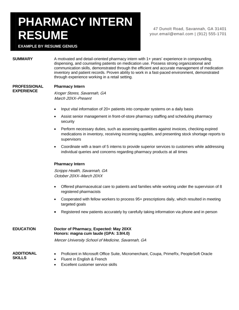 Pharmacy Intern Resume - Example for Download