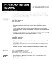 A pharmacy intern resume sample.