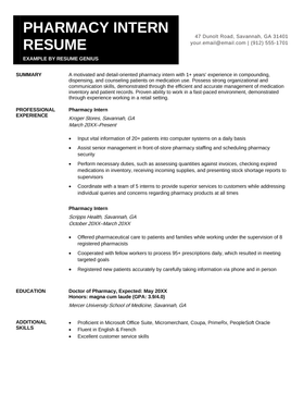 A pharmacy intern resume sample.