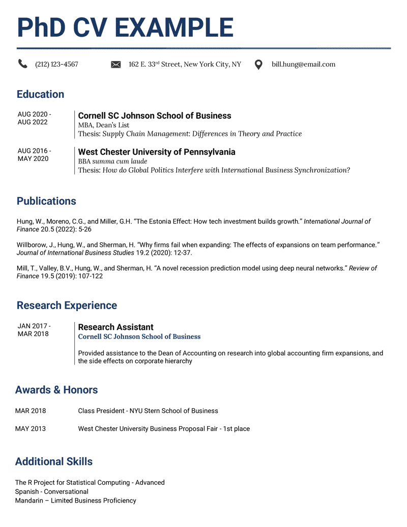 The first page of a dark blue academic CV template filled in by a candidate applying for PhD programs