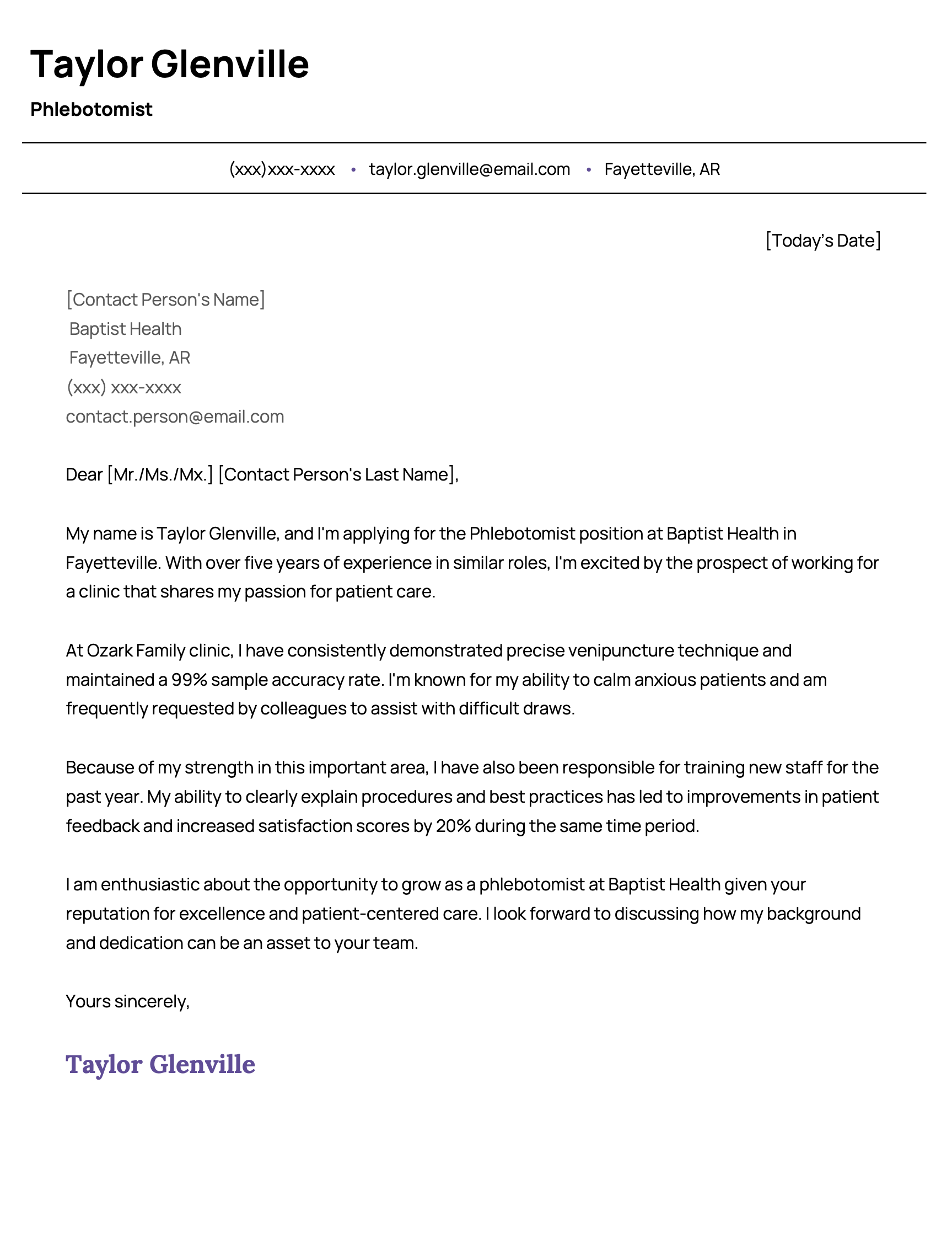 An example medical assistant cover letter for a phlebotomist position.