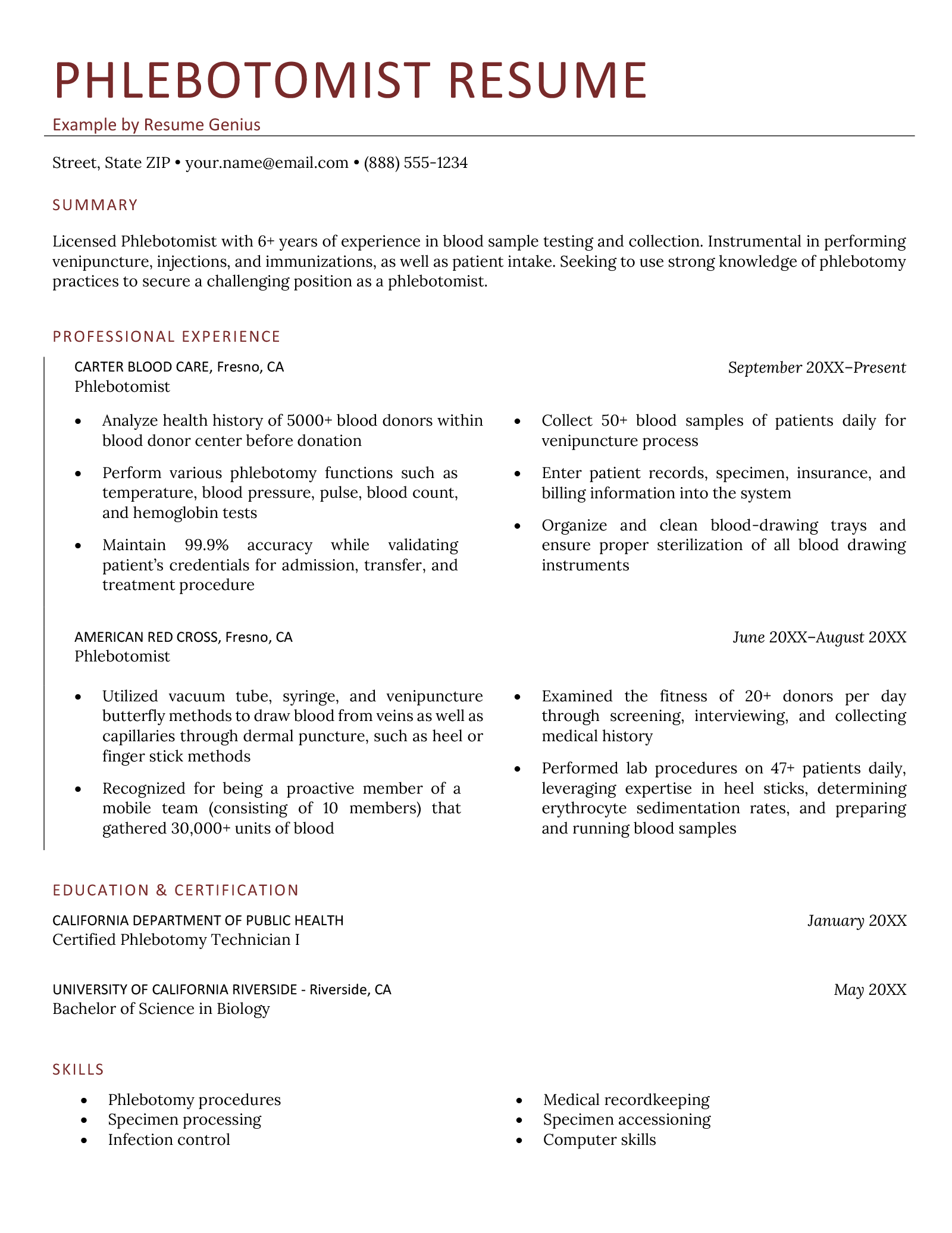 entry level phlebotomist resume with no experience