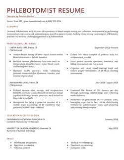 Phlebotomist resume sample on a template with a brick red font for the header and a two column format for the professional experience sections