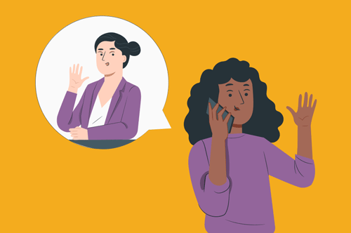 an illustration of a female candidate being asked questions during a phone interview