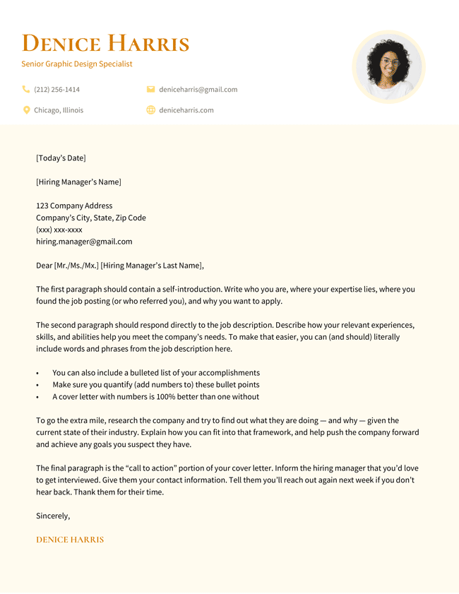 The Photo photo cover letter template in yellow