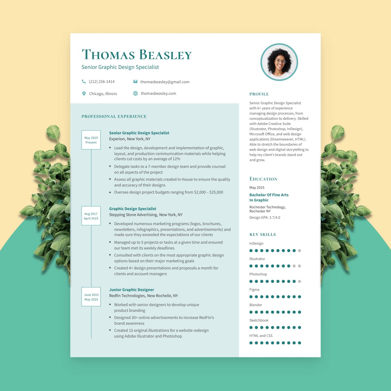 Our photo resume template in yellow in front of a light blue background with a silver pencil laid across it.