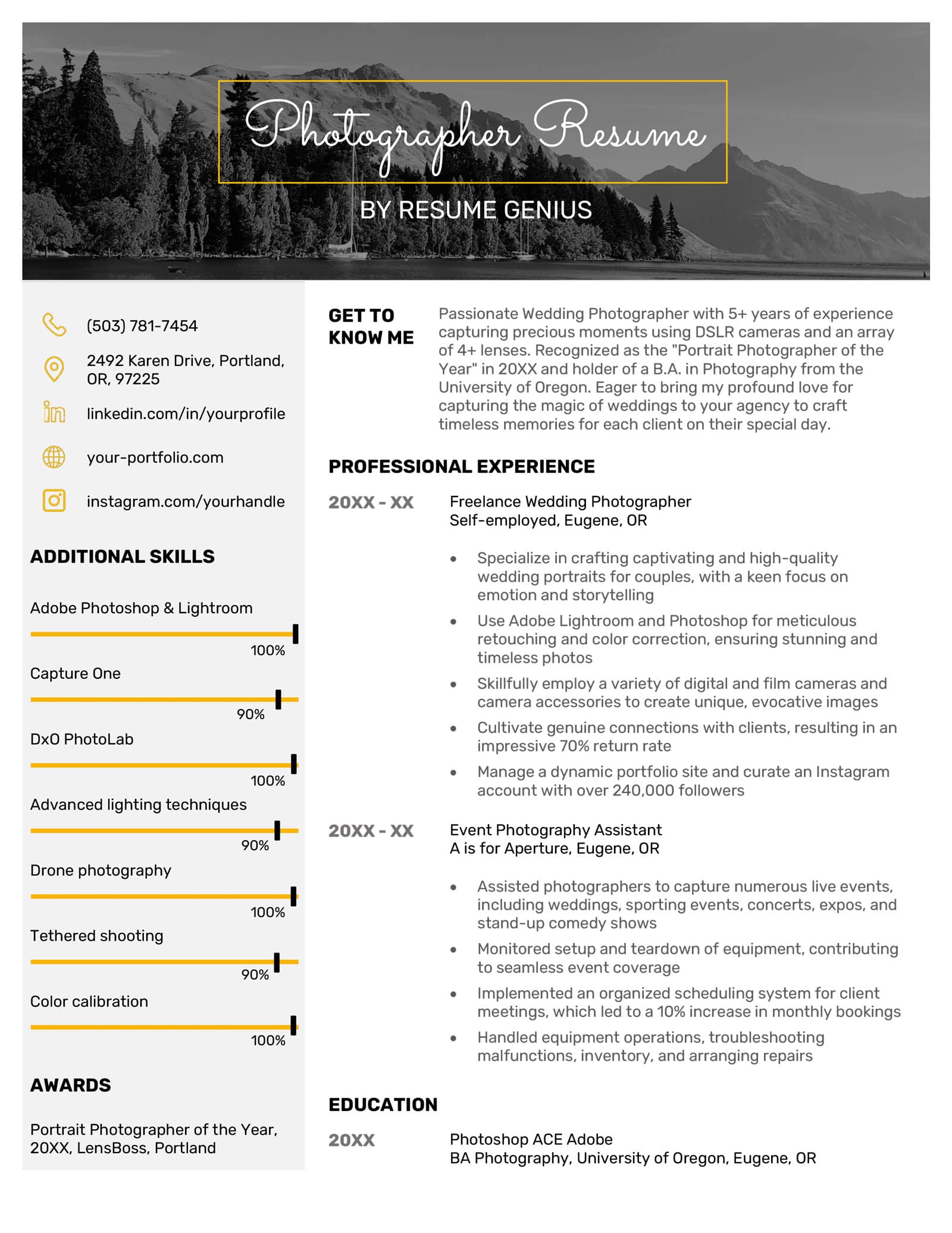 Example of a photographer resume template