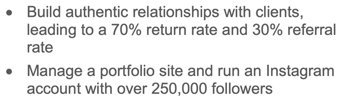 Example of quantification on a photographer resume
