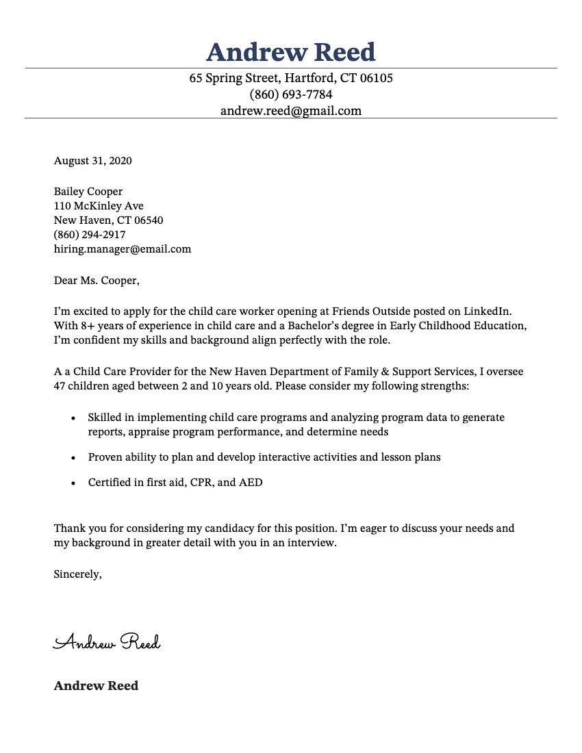 A properly spaced and formatted physical cover letter