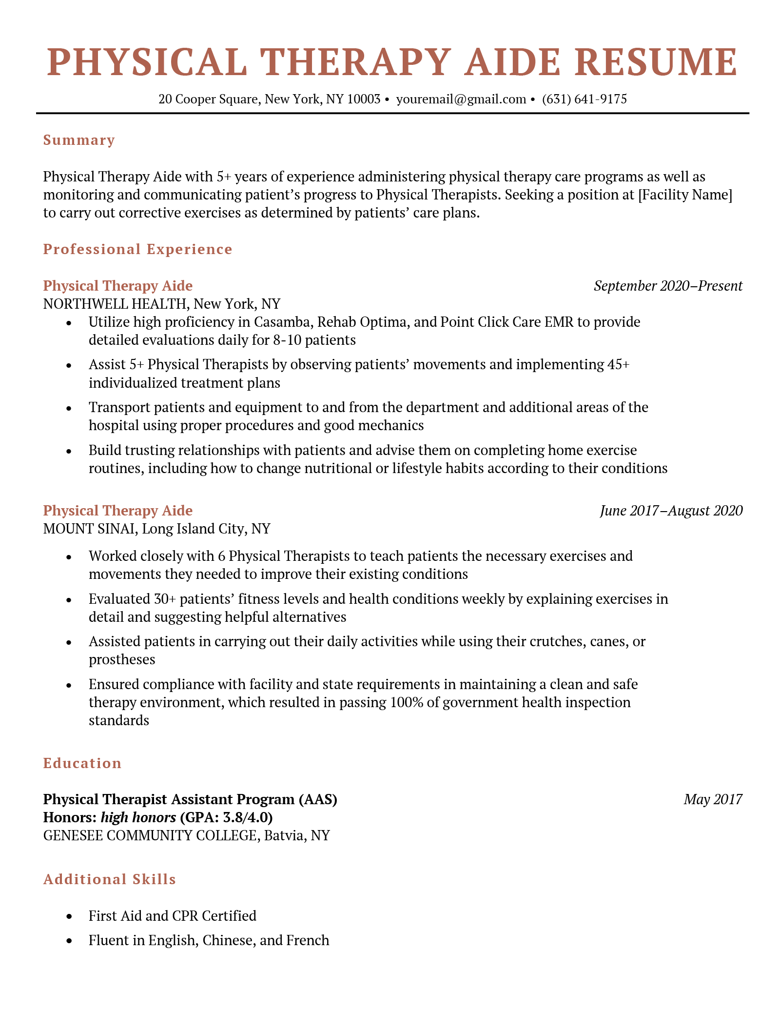 An example of a physical therapy aide resume with a centered resume header and coral colored font to differentiate between each section header and job title