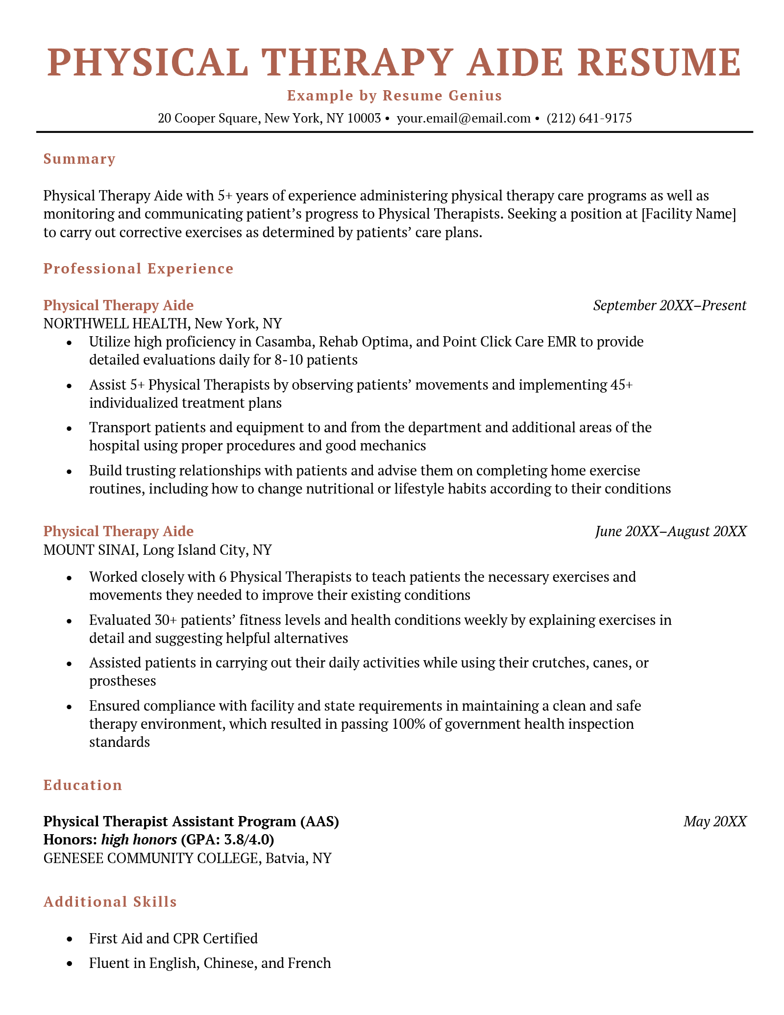 An example of a physical therapy aide resume with a centered resume header and coral colored font to differentiate between each section header and job title