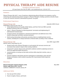 An example of a physical therapy aide resume with a centered resume header and coral colored font to differentiate between each section header and job title